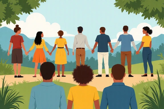 Ilustrație stilizată a unei comunități diverse de oameni fericiți într-un cadru natural, simbolizând armonia și bunăstarea.