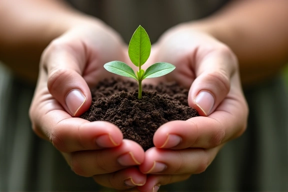 Mâini care țin delicat o plantă mică, verde, simbolizând grija pentru natură și sănătate.