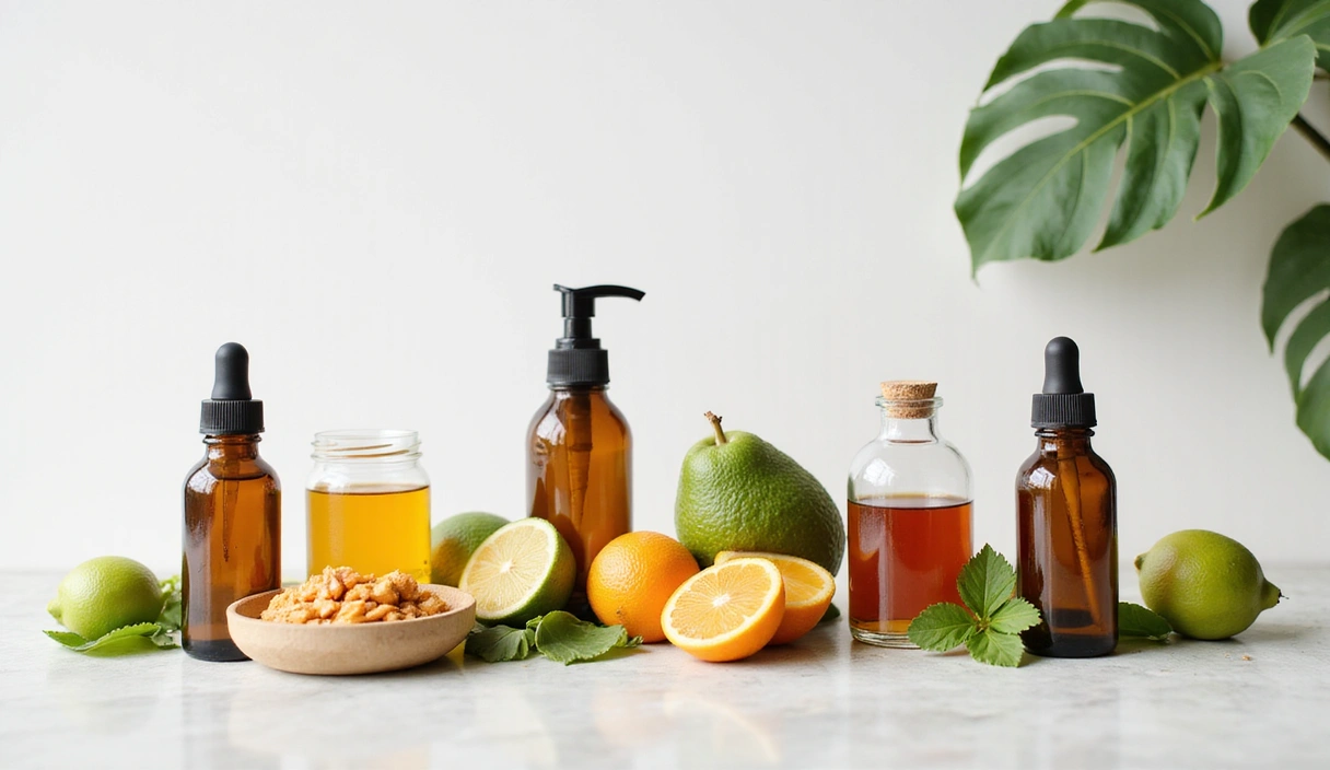 Array of natural ingredient bottles, clean studio shot, no text, no symbols, soft natural lighting