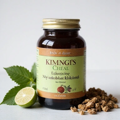 DigestPro product bottle with a brown and green label, digestive herbs in background