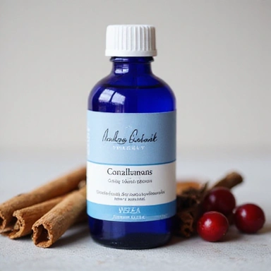 GlucoBalance product bottle with a blue and white label, cinnamon sticks and berries in background