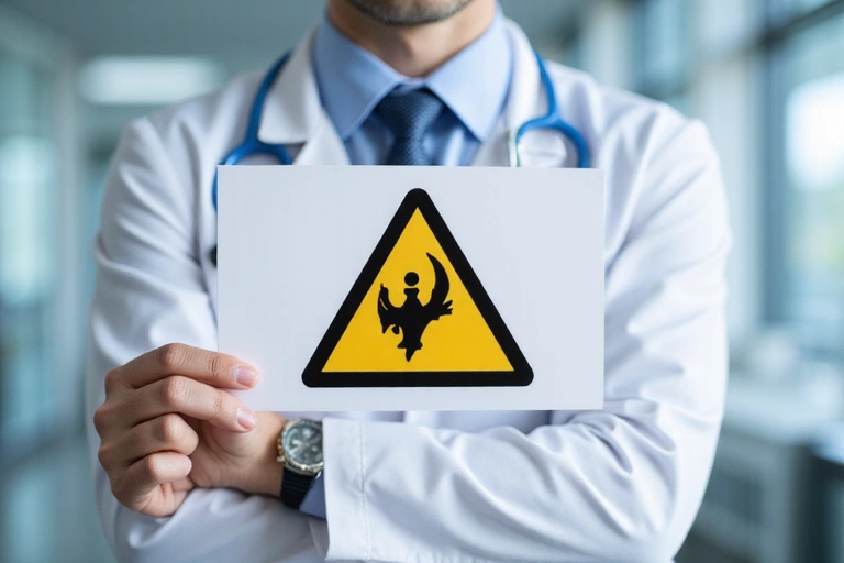 Un simbol de avertizare cu o foaie medicală în fundal
